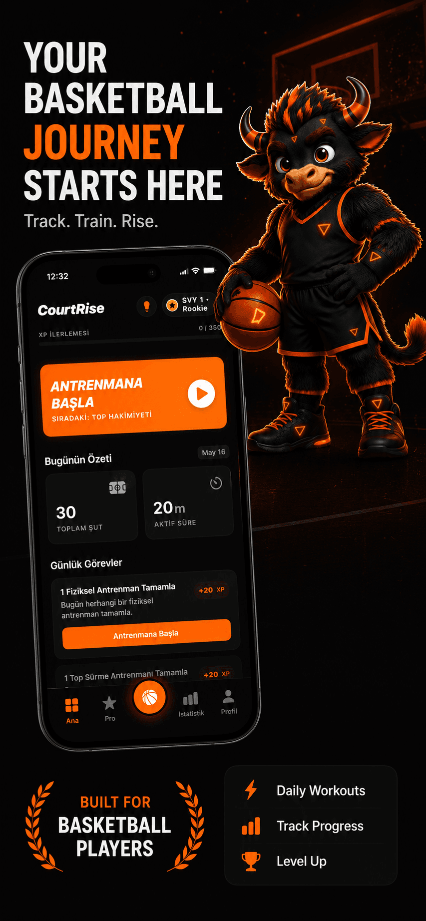 CourtRise home screen showing daily missions and XP progress