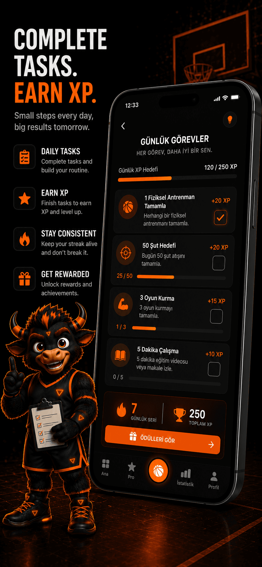 CourtRise daily missions screen